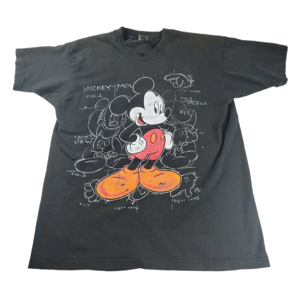 Vintage 90's Disney Mickey Mouse Sketch Art Shirt Black Single Stitch Size XL